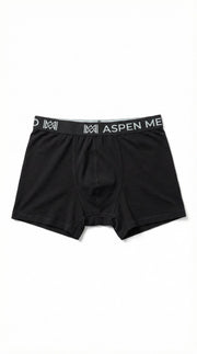 Black boxer briefs with Aspen Merino branded waistband on a white background