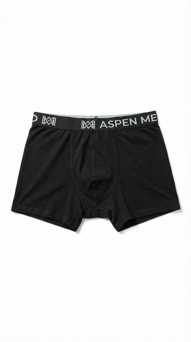 Black boxer briefs with Aspen Merino branded waistband on a white background