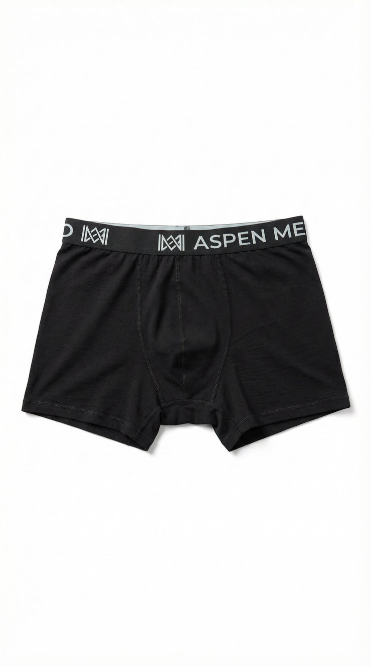 Black boxer briefs with Aspen Merino branded waistband on a white background