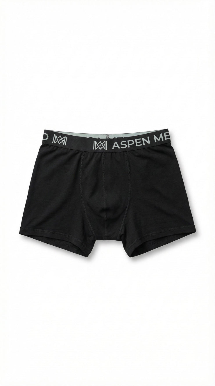 Black boxer briefs with Aspen Merino branded waistband on a white background