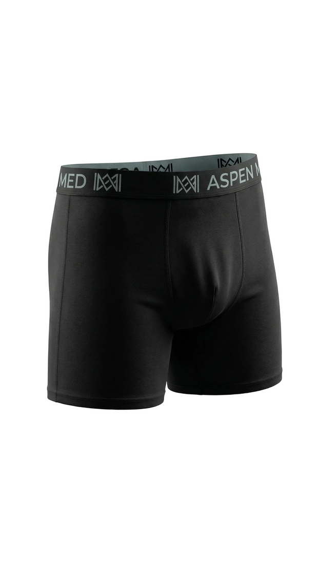 Black boxer briefs with Aspen Merino branded waistband on a white background