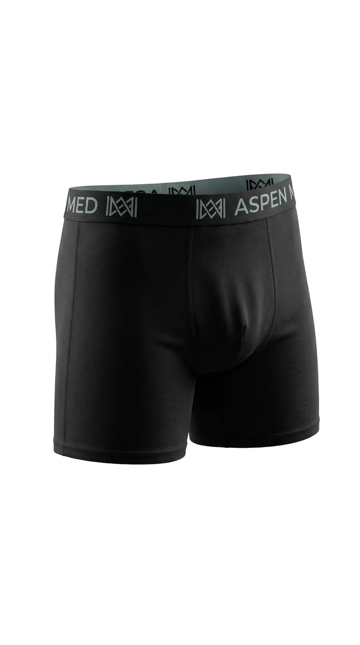 Black boxer briefs with Aspen Merino branded waistband on a white background